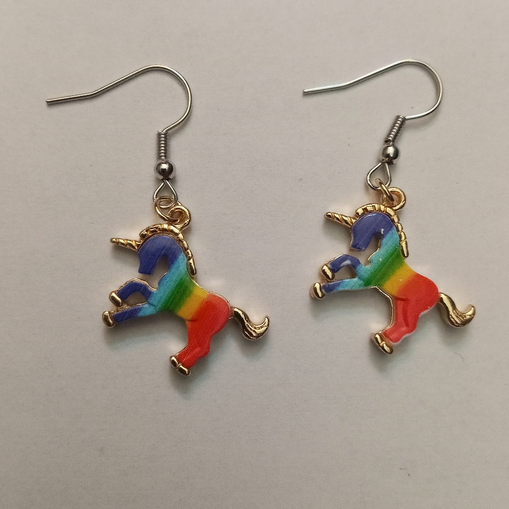 Hand crafted new rainbow unicorn statement earrings